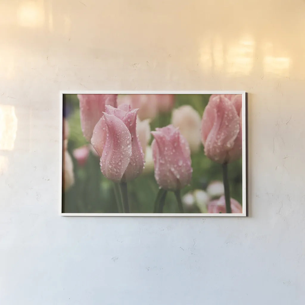Tulips after the Rain by Laura Marshall. shown as a paper print in a white frame. Available as a archival giclee rolled canvas, fine art paper, or poster print. SKU 17725i.