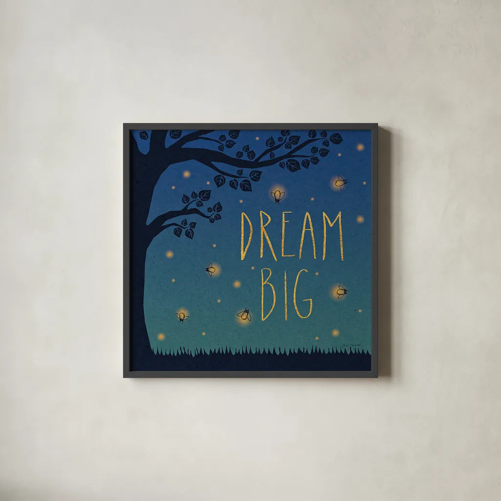 Twilight Fireflies I by Laura Marshall. Shown in a sleek black glass frame for a contemporary gallery look. Available as an archival giclee rolled canvas, fine art paper, or poster print. SKU 18518a.