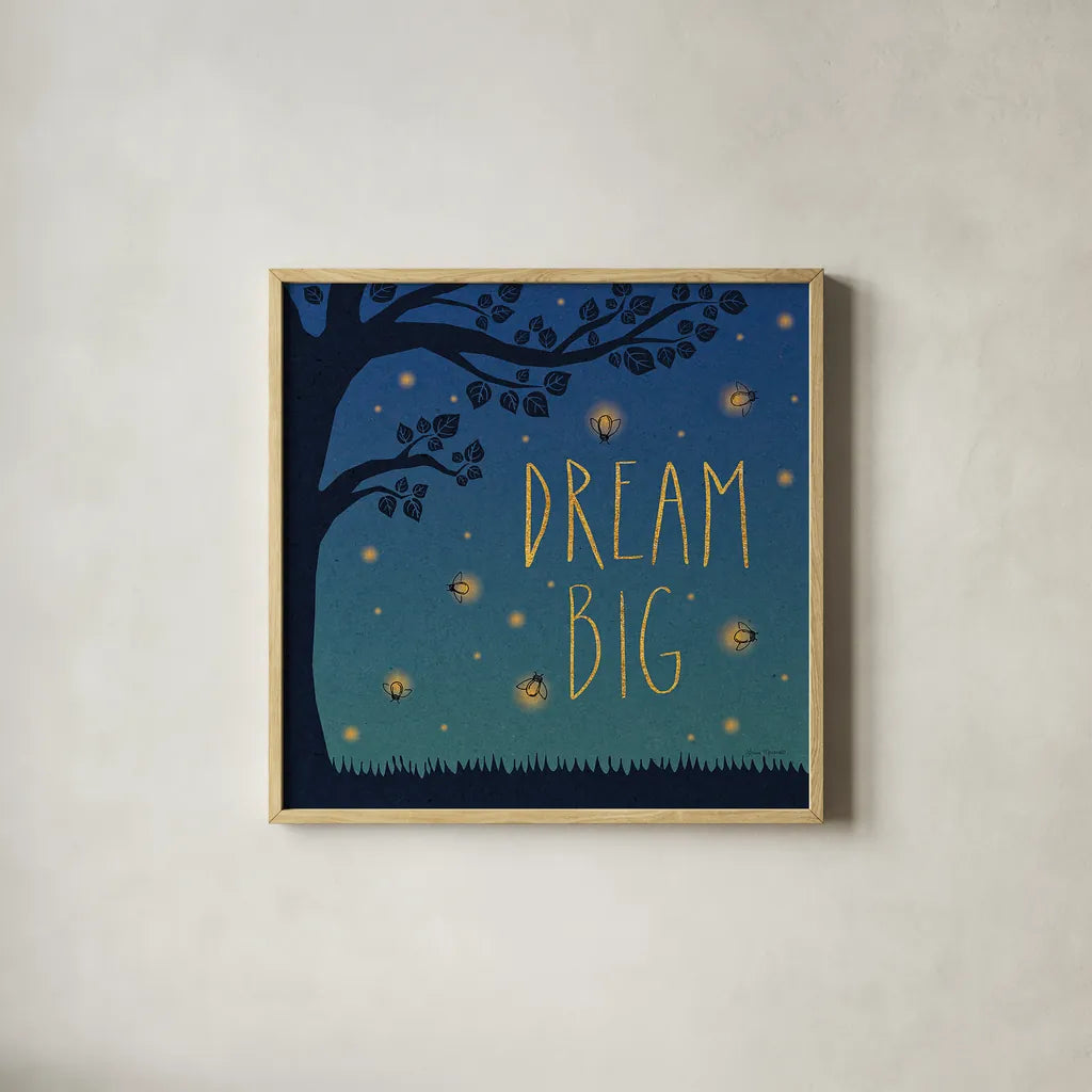 Twilight Fireflies I by Laura Marshall. Shown in a natural wood glass frame for a timeless modern aesthetic. Available as an archival giclee rolled canvas, fine art paper, or poster print. SKU 18518a.