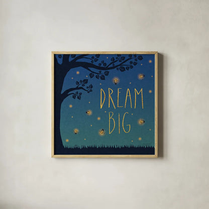 Twilight Fireflies I by Laura Marshall. Shown in a natural wood glass frame for a timeless modern aesthetic. Available as an archival giclee rolled canvas, fine art paper, or poster print. SKU 18518a.