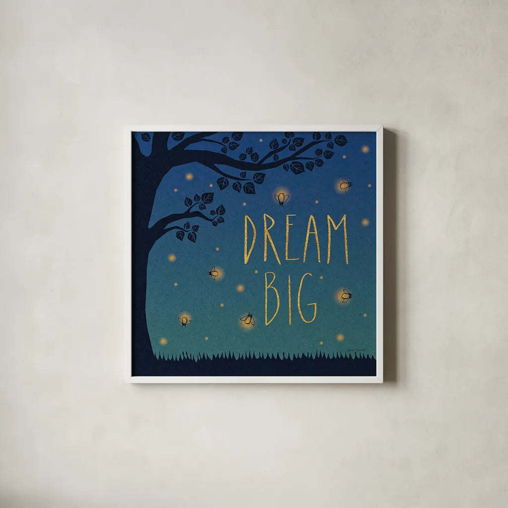 Twilight Fireflies I by Laura Marshall. Shown in a crisp white glass frame for a clean and minimalist style. Available as an archival giclee rolled canvas, fine art paper, or poster print. SKU 18518a.