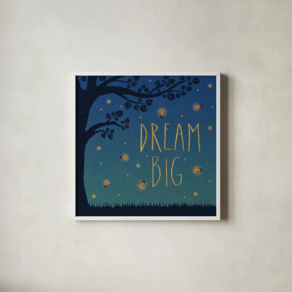 Twilight Fireflies I by Laura Marshall. Shown in a crisp white glass frame for a clean and minimalist style. Available as an archival giclee rolled canvas, fine art paper, or poster print. SKU 18518a.