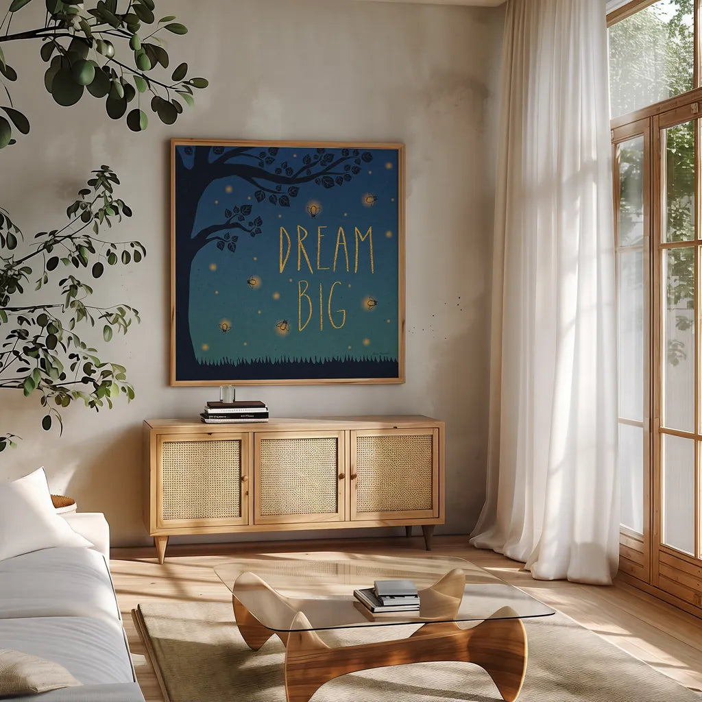 Twilight Fireflies I by Laura Marshall. Shown in a natural wood frame in a cozy modern living room. Available as an archival giclee rolled canvas, fine art paper, or poster print. SKU 18518a.