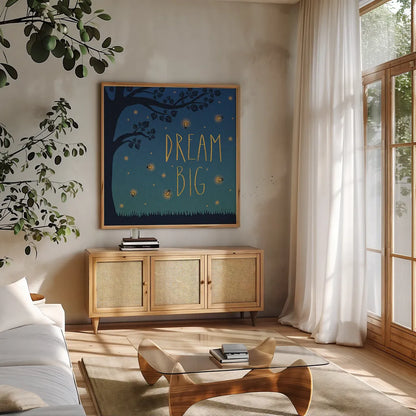 Twilight Fireflies I by Laura Marshall. Shown in a natural wood frame in a cozy modern living room. Available as an archival giclee rolled canvas, fine art paper, or poster print. SKU 18518a.