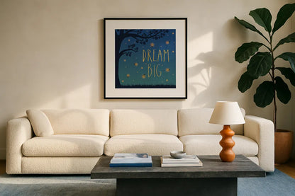 Twilight Fireflies I by Laura Marshall. Displayed in a glass frame with matte in a clean modern living room. Available as an archival giclee rolled canvas, fine art paper, or poster print. SKU 18518a.