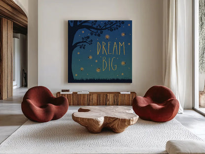 Twilight Fireflies I by Laura Marshall. Shown as extra-large giant wall art in a modern living room. Available as an archival giclee rolled canvas, fine art paper, or poster print. SKU 18518a.