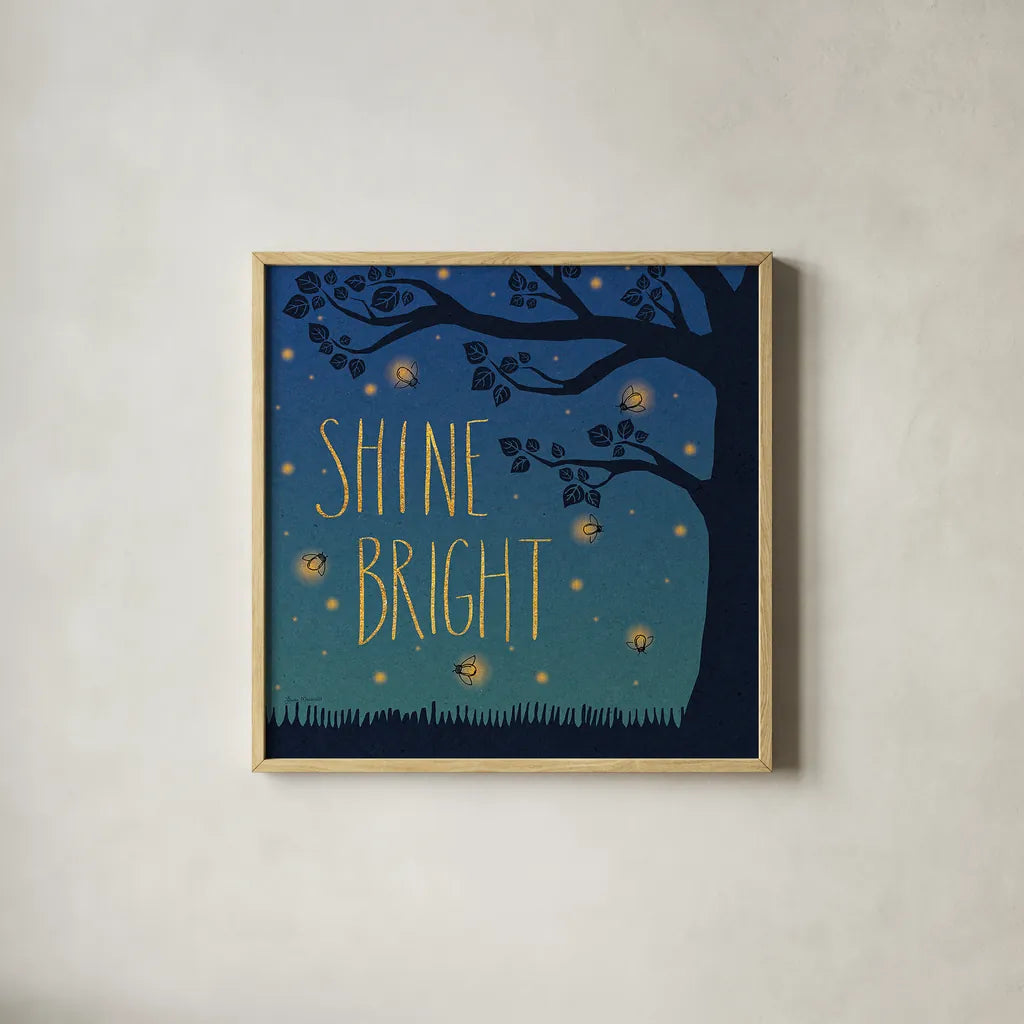 Twilight Fireflies II by Laura Marshall. Shown in a natural wood glass frame for a timeless modern aesthetic. Available as an archival giclee rolled canvas, fine art paper, or poster print. SKU 18519a.