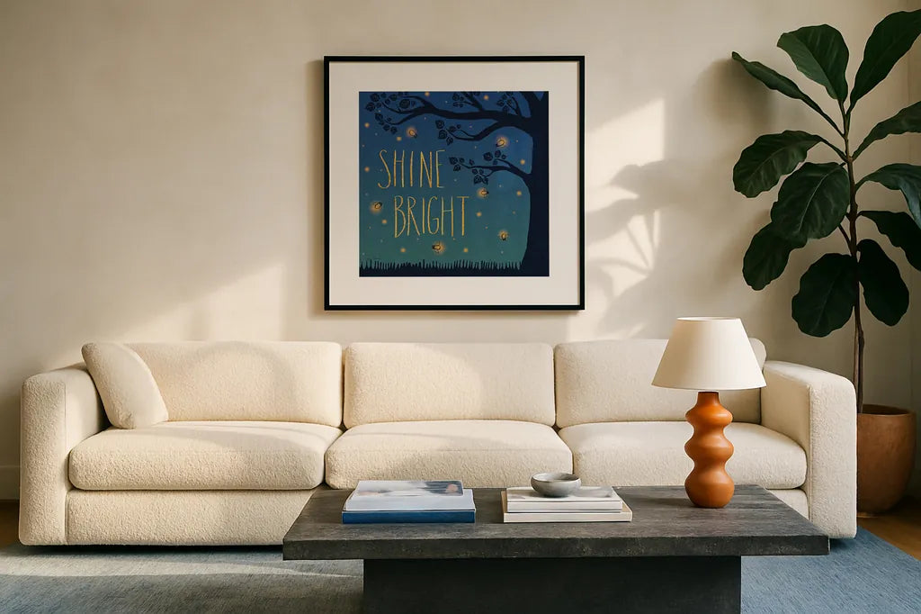 Twilight Fireflies II by Laura Marshall. Displayed in a glass frame with matte in a clean modern living room. Available as an archival giclee rolled canvas, fine art paper, or poster print. SKU 18519a.