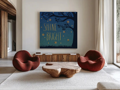 Twilight Fireflies II by Laura Marshall. Shown as extra-large giant wall art in a modern living room. Available as an archival giclee rolled canvas, fine art paper, or poster print. SKU 18519a.