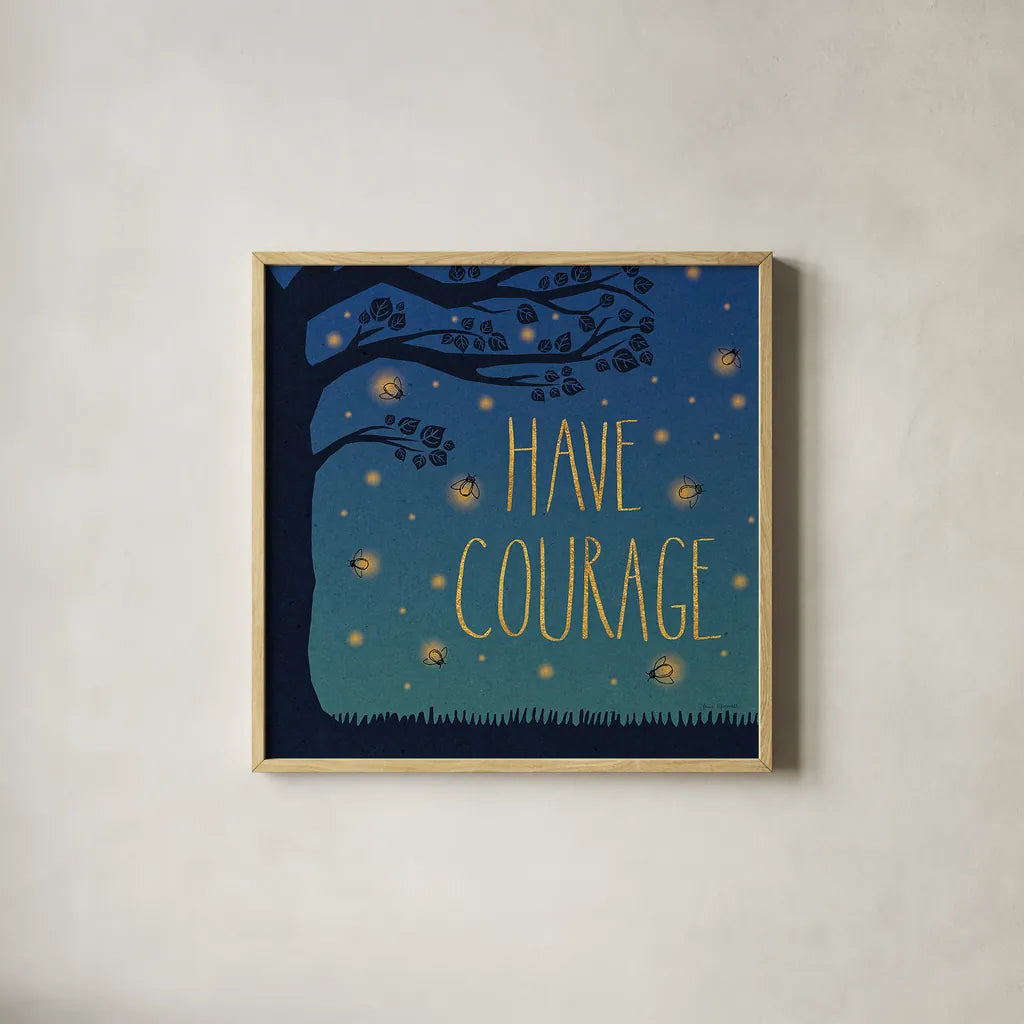 Twilight Fireflies III by Laura Marshall. Shown in a natural wood glass frame for a timeless modern aesthetic. Available as an archival giclee rolled canvas, fine art paper, or poster print. SKU 18520a.