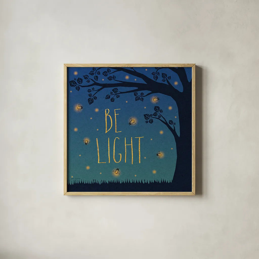 Twilight Fireflies IV by Laura Marshall. Shown in a natural wood glass frame for a timeless modern aesthetic. Available as an archival giclee rolled canvas, fine art paper, or poster print. SKU 18521a.