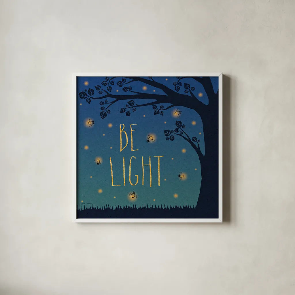 Twilight Fireflies IV by Laura Marshall. Shown in a crisp white glass frame for a clean and minimalist style. Available as an archival giclee rolled canvas, fine art paper, or poster print. SKU 18521a.