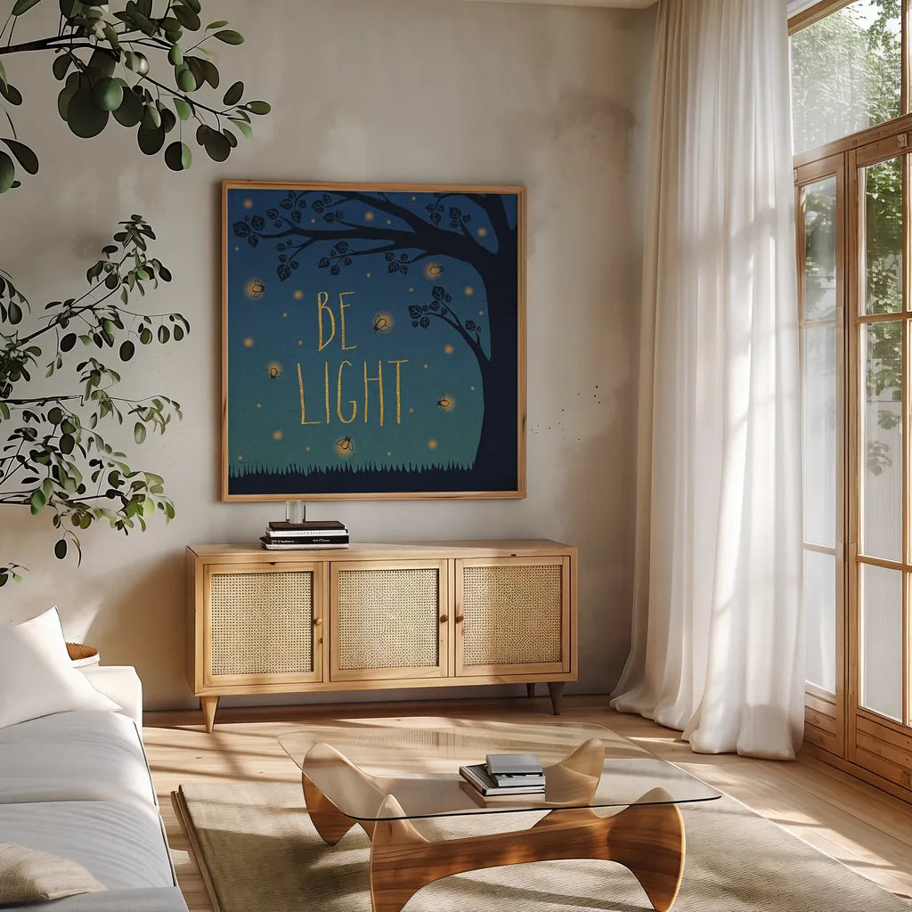 Twilight Fireflies IV by Laura Marshall. Shown in a natural wood frame in a cozy modern living room. Available as an archival giclee rolled canvas, fine art paper, or poster print. SKU 18521a.