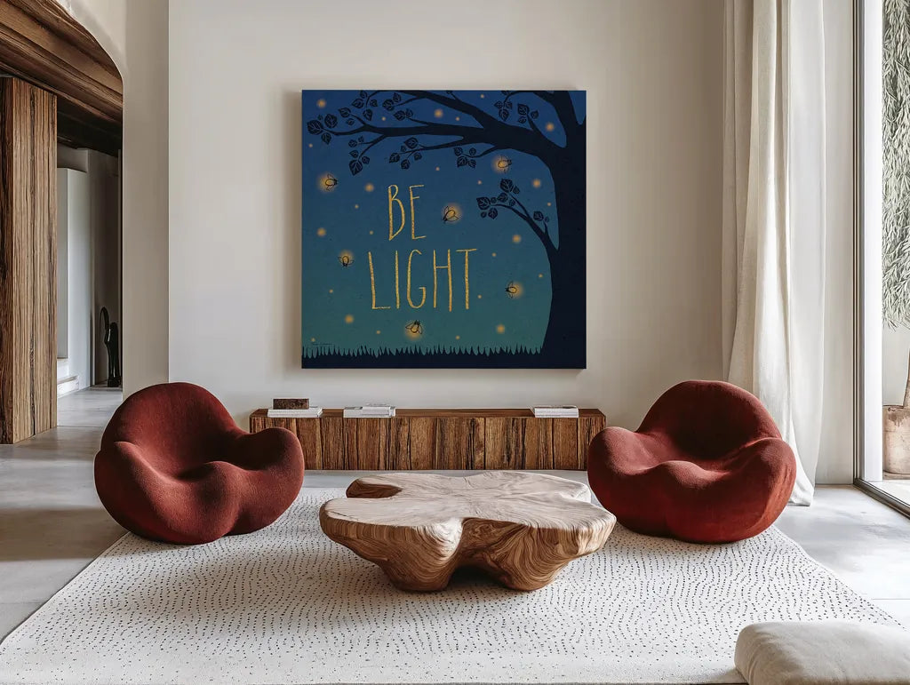 Twilight Fireflies IV by Laura Marshall. Shown as extra-large giant wall art in a modern living room. Available as an archival giclee rolled canvas, fine art paper, or poster print. SKU 18521a.