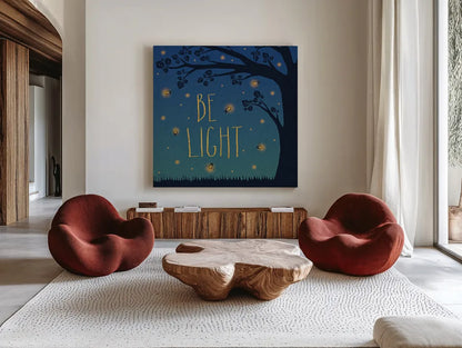 Twilight Fireflies IV by Laura Marshall. Shown as extra-large giant wall art in a modern living room. Available as an archival giclee rolled canvas, fine art paper, or poster print. SKU 18521a.