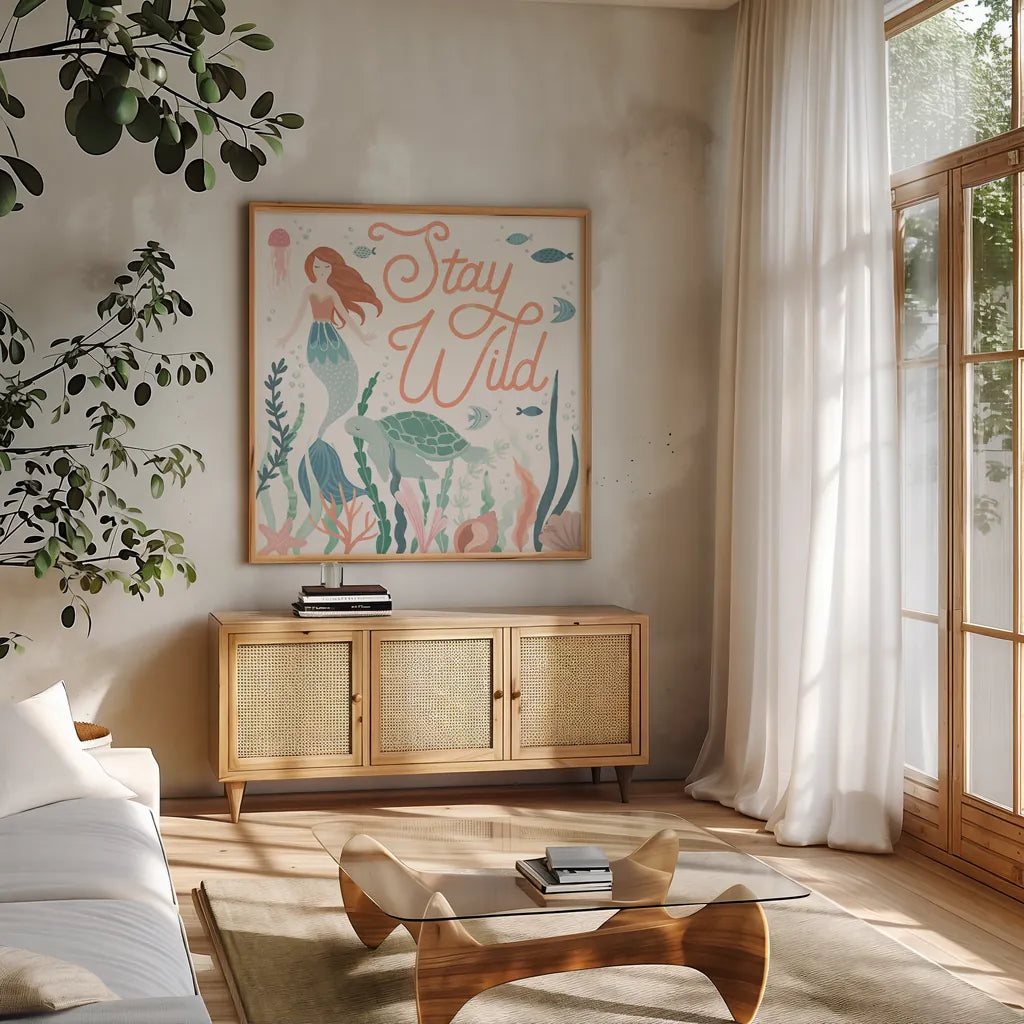 Under the Sea III by Laura Marshall. Shown in a natural wood frame in a cozy modern living room. Available as an archival giclee rolled canvas, fine art paper, or poster print. SKU 62519a.