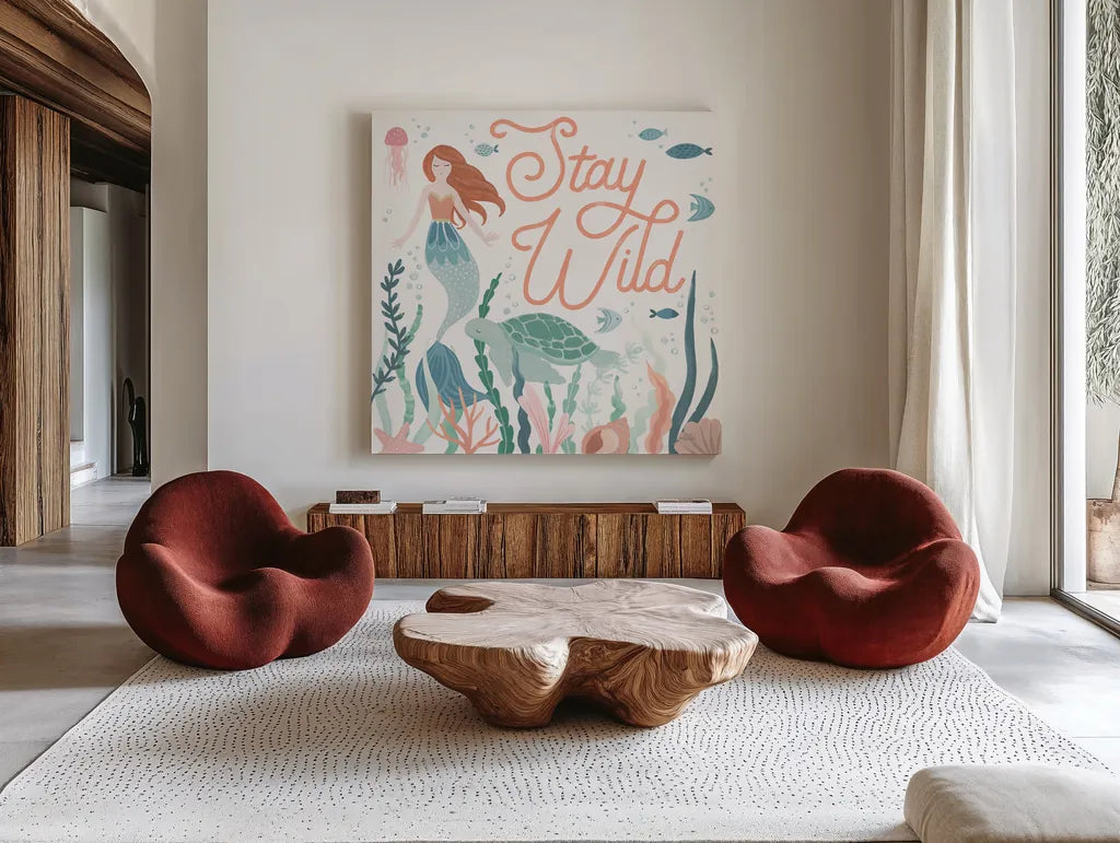 Under the Sea III by Laura Marshall. Shown as extra-large giant wall art in a modern living room. Available as an archival giclee rolled canvas, fine art paper, or poster print. SKU 62519a.