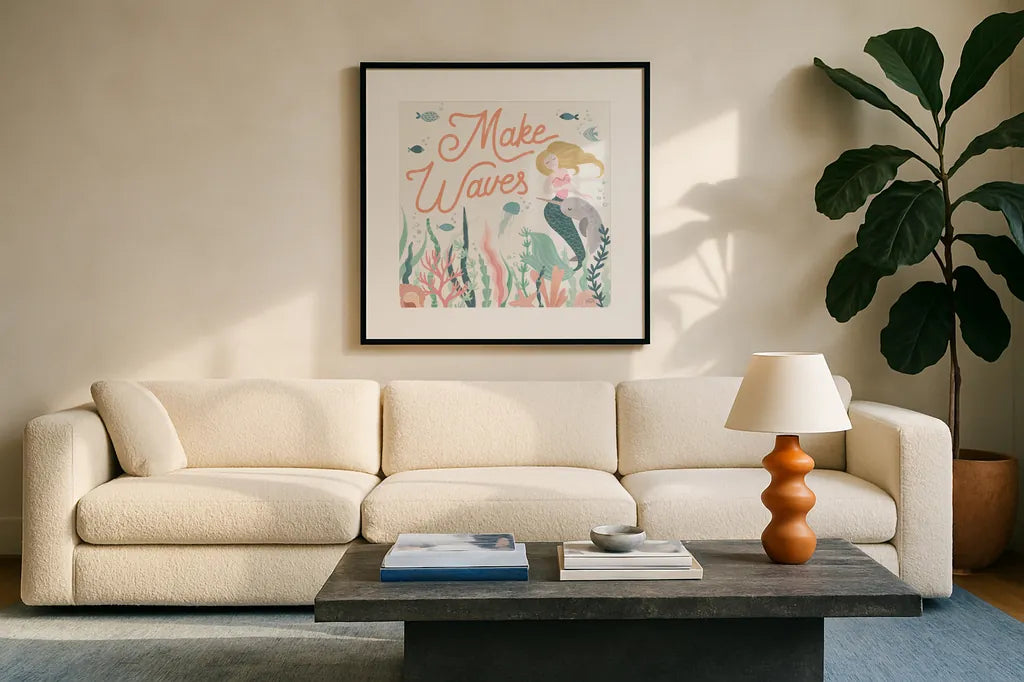Under the Sea IV by Laura Marshall. Displayed in a glass frame with matte in a clean modern living room. Available as an archival giclee rolled canvas, fine art paper, or poster print. SKU 62520a.