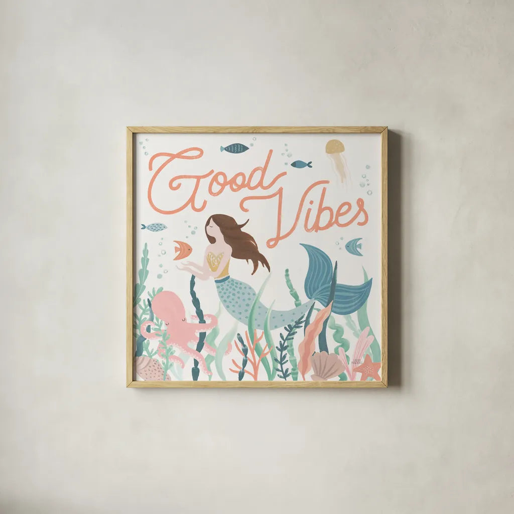 Under the Sea V by Laura Marshall. Shown in a natural wood glass frame for a timeless modern aesthetic. Available as an archival giclee rolled canvas, fine art paper, or poster print. SKU 62521a.