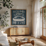 Up North I by Laura Marshall. Shown in a natural wood frame in a cozy modern living room. Available as an archival giclee rolled canvas, fine art paper, or poster print. SKU 31360a.