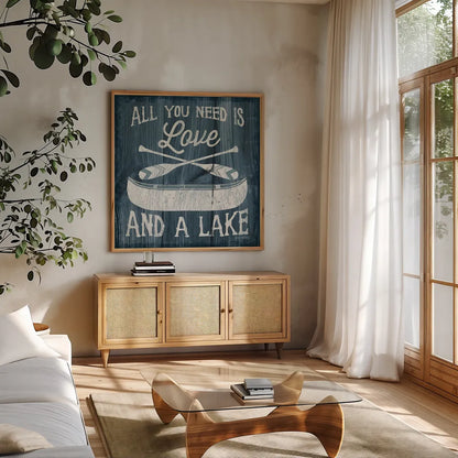 Up North I by Laura Marshall. Shown in a natural wood frame in a cozy modern living room. Available as an archival giclee rolled canvas, fine art paper, or poster print. SKU 31360a.