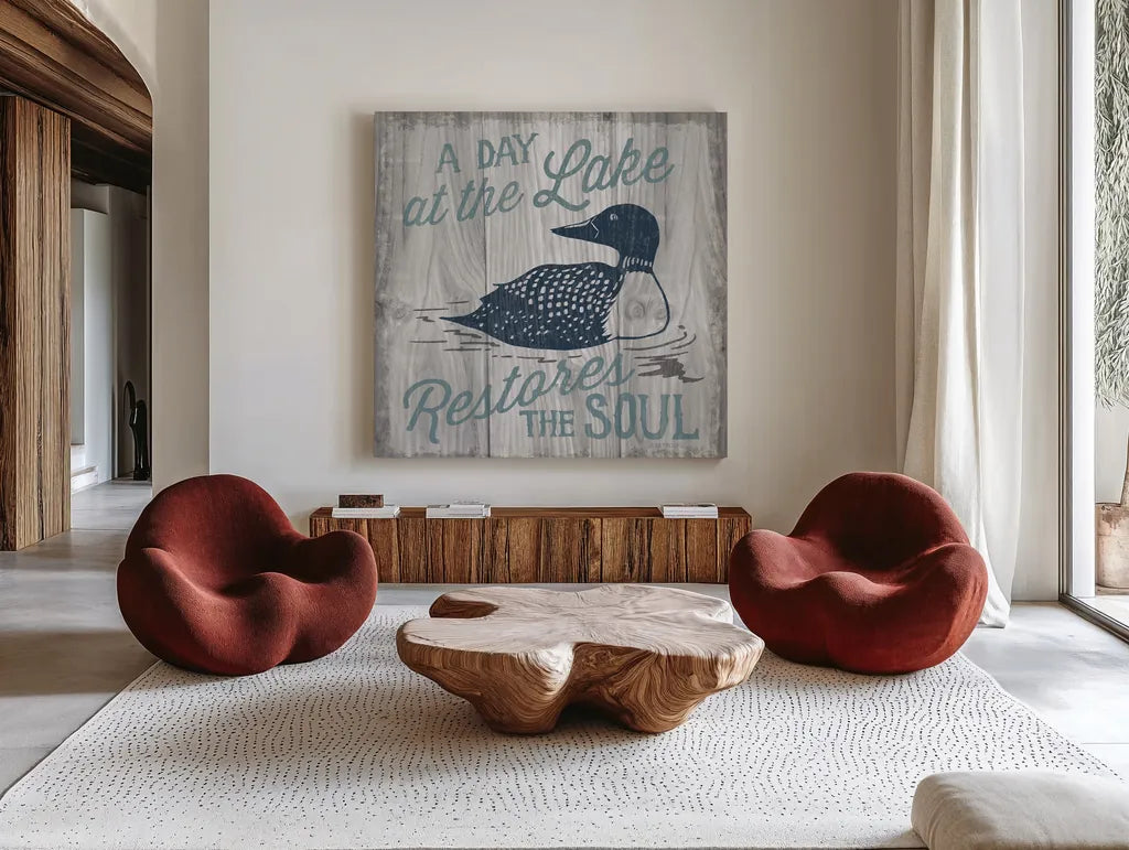 Up North VI by Laura Marshall. Shown as extra-large giant wall art in a modern living room. Available as an archival giclee rolled canvas, fine art paper, or poster print. SKU 31365a.
