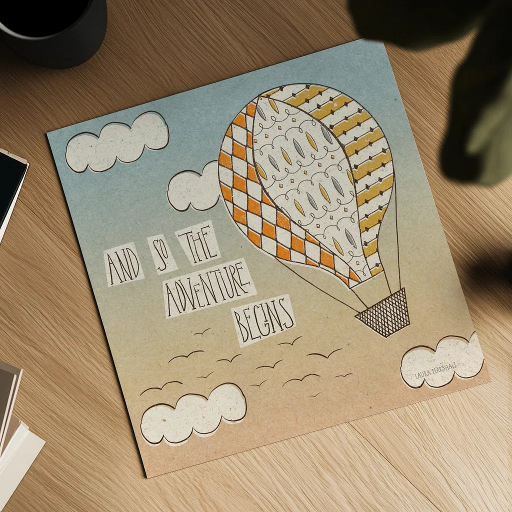 Up Up and Away Adventure by Laura Marshall. Shown as a detailed flat fine art print, highlighting archival giclee quality. Available as an archival giclee rolled canvas, fine art paper, or poster print. SKU 18458a.
