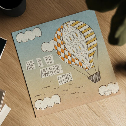 Up Up and Away Adventure by Laura Marshall. Shown as a detailed flat fine art print, highlighting archival giclee quality. Available as an archival giclee rolled canvas, fine art paper, or poster print. SKU 18458a.