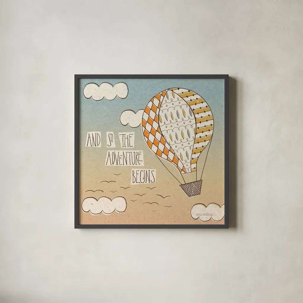 Up Up and Away Adventure by Laura Marshall. Shown in a sleek black glass frame for a contemporary gallery look. Available as an archival giclee rolled canvas, fine art paper, or poster print. SKU 18458a.