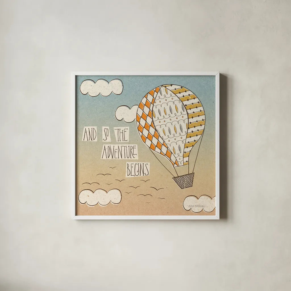Up Up and Away Adventure by Laura Marshall. Shown in a crisp white glass frame for a clean and minimalist style. Available as an archival giclee rolled canvas, fine art paper, or poster print. SKU 18458a.
