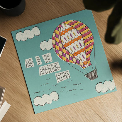 Up Up and Away Adventure Bright by Laura Marshall. Shown as a detailed flat fine art print, highlighting archival giclee quality. Available as an archival giclee rolled canvas, fine art paper, or poster print. SKU 19785a.