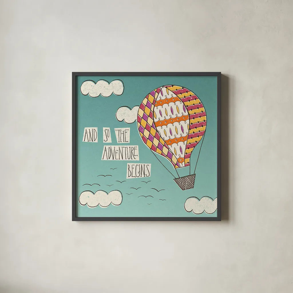 Up Up and Away Adventure Bright by Laura Marshall. Shown in a sleek black glass frame for a contemporary gallery look. Available as an archival giclee rolled canvas, fine art paper, or poster print. SKU 19785a.