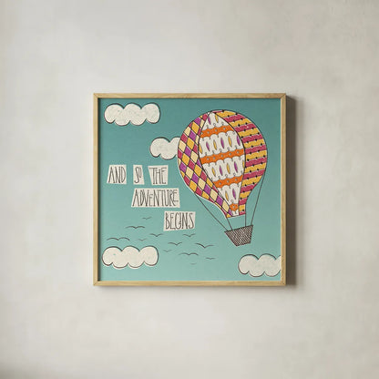 Up Up and Away Adventure Bright by Laura Marshall. Shown in a natural wood glass frame for a timeless modern aesthetic. Available as an archival giclee rolled canvas, fine art paper, or poster print. SKU 19785a.
