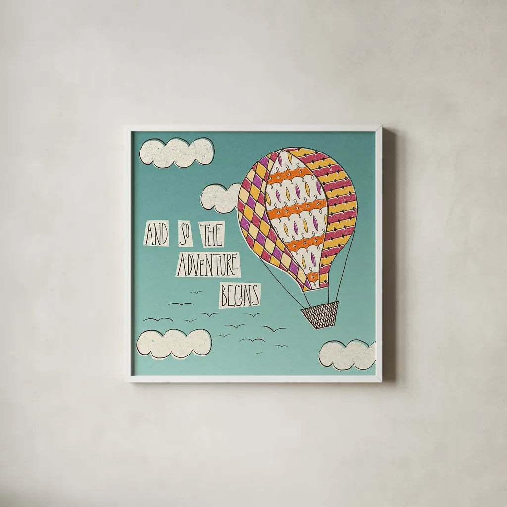 Up Up and Away Adventure Bright by Laura Marshall. Shown in a crisp white glass frame for a clean and minimalist style. Available as an archival giclee rolled canvas, fine art paper, or poster print. SKU 19785a.