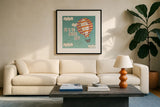 Up Up and Away Adventure Bright by Laura Marshall. Displayed in a glass frame with matte in a clean modern living room. Available as an archival giclee rolled canvas, fine art paper, or poster print. SKU 19785a.