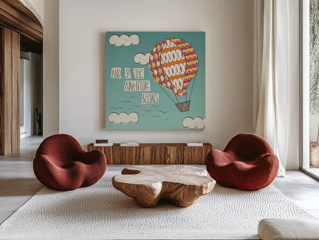 Up Up and Away Adventure Bright by Laura Marshall. Shown as extra-large giant wall art in a modern living room. Available as an archival giclee rolled canvas, fine art paper, or poster print. SKU 19785a.