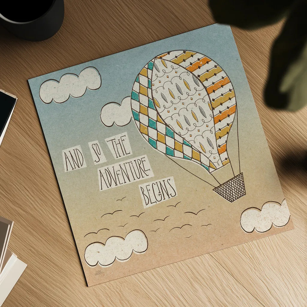 Up Up and Away Adventure Teal by Laura Marshall. Shown as a detailed flat fine art print, highlighting archival giclee quality. Available as an archival giclee rolled canvas, fine art paper, or poster print. SKU 38241a.