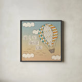 Up Up and Away Adventure Teal by Laura Marshall. Shown in a sleek black glass frame for a contemporary gallery look. Available as an archival giclee rolled canvas, fine art paper, or poster print. SKU 38241a.