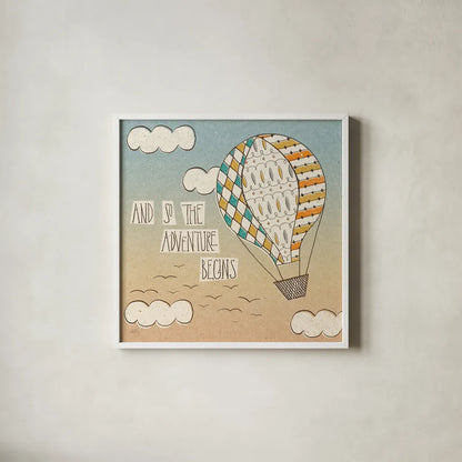 Up Up and Away Adventure Teal by Laura Marshall. Shown in a crisp white glass frame for a clean and minimalist style. Available as an archival giclee rolled canvas, fine art paper, or poster print. SKU 38241a.