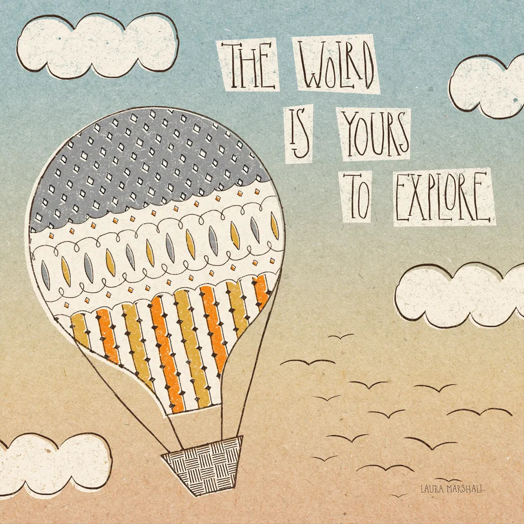 Up Up and Away Explore by Laura Marshall. SKU 18459a. Archival Giclee Fine art print for wall decor.