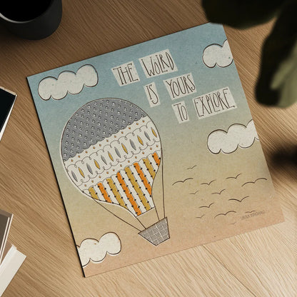 Up Up and Away Explore by Laura Marshall. Shown as a detailed flat fine art print, highlighting archival giclee quality. Available as an archival giclee rolled canvas, fine art paper, or poster print. SKU 18459a.