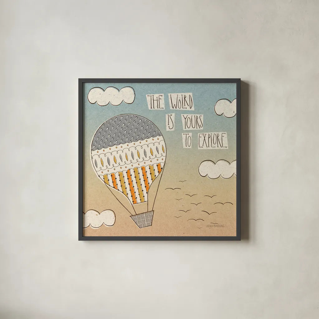 Up Up and Away Explore by Laura Marshall. Shown in a sleek black glass frame for a contemporary gallery look. Available as an archival giclee rolled canvas, fine art paper, or poster print. SKU 18459a.