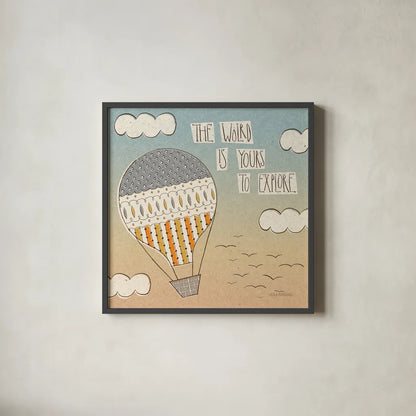 Up Up and Away Explore by Laura Marshall. Shown in a sleek black glass frame for a contemporary gallery look. Available as an archival giclee rolled canvas, fine art paper, or poster print. SKU 18459a.