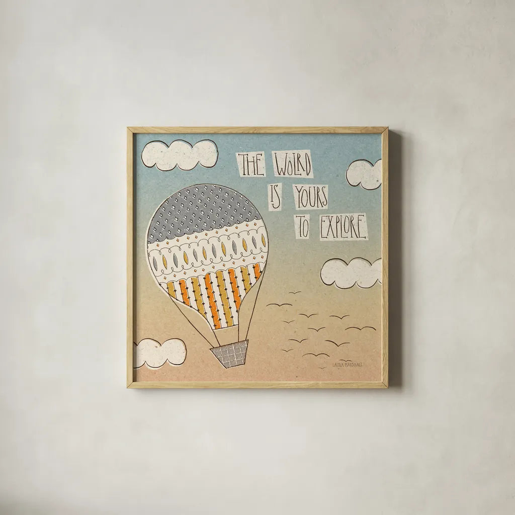 Up Up and Away Explore by Laura Marshall. Shown in a natural wood glass frame for a timeless modern aesthetic. Available as an archival giclee rolled canvas, fine art paper, or poster print. SKU 18459a.