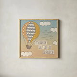 Up Up and Away Imagination by Laura Marshall. Shown in a natural wood glass frame for a timeless modern aesthetic. Available as an archival giclee rolled canvas, fine art paper, or poster print. SKU 18457a.