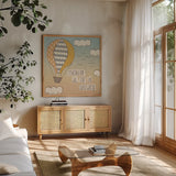 Up Up and Away Imagination by Laura Marshall. Shown in a natural wood frame in a cozy modern living room. Available as an archival giclee rolled canvas, fine art paper, or poster print. SKU 18457a.
