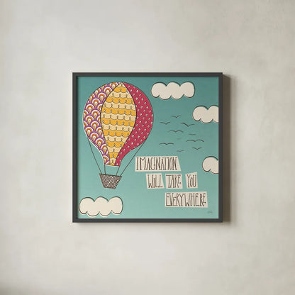 Up Up and Away Imagination Bright by Laura Marshall. Shown in a sleek black glass frame for a contemporary gallery look. Available as an archival giclee rolled canvas, fine art paper, or poster print. SKU 19784a.