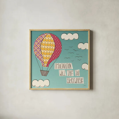 Up Up and Away Imagination Bright by Laura Marshall. Shown in a natural wood glass frame for a timeless modern aesthetic. Available as an archival giclee rolled canvas, fine art paper, or poster print. SKU 19784a.