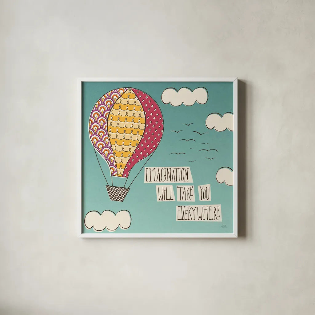 Up Up and Away Imagination Bright by Laura Marshall. Shown in a crisp white glass frame for a clean and minimalist style. Available as an archival giclee rolled canvas, fine art paper, or poster print. SKU 19784a.