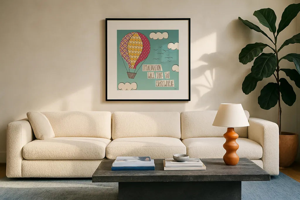 Up Up and Away Imagination Bright by Laura Marshall. Displayed in a glass frame with matte in a clean modern living room. Available as an archival giclee rolled canvas, fine art paper, or poster print. SKU 19784a.